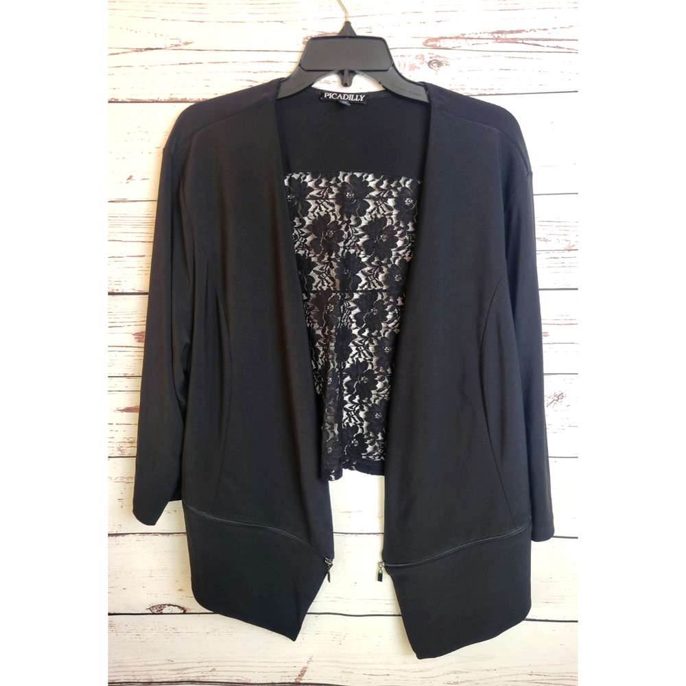 Piccadilly Blazer Jacket Womens Size 3X Black Floral Lace Back Panel‎ Zip Accent